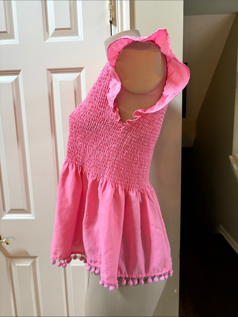 THML Pink Smocked Peplum Tunic with Pom-Pom Trim, large - Picture 4 of 7